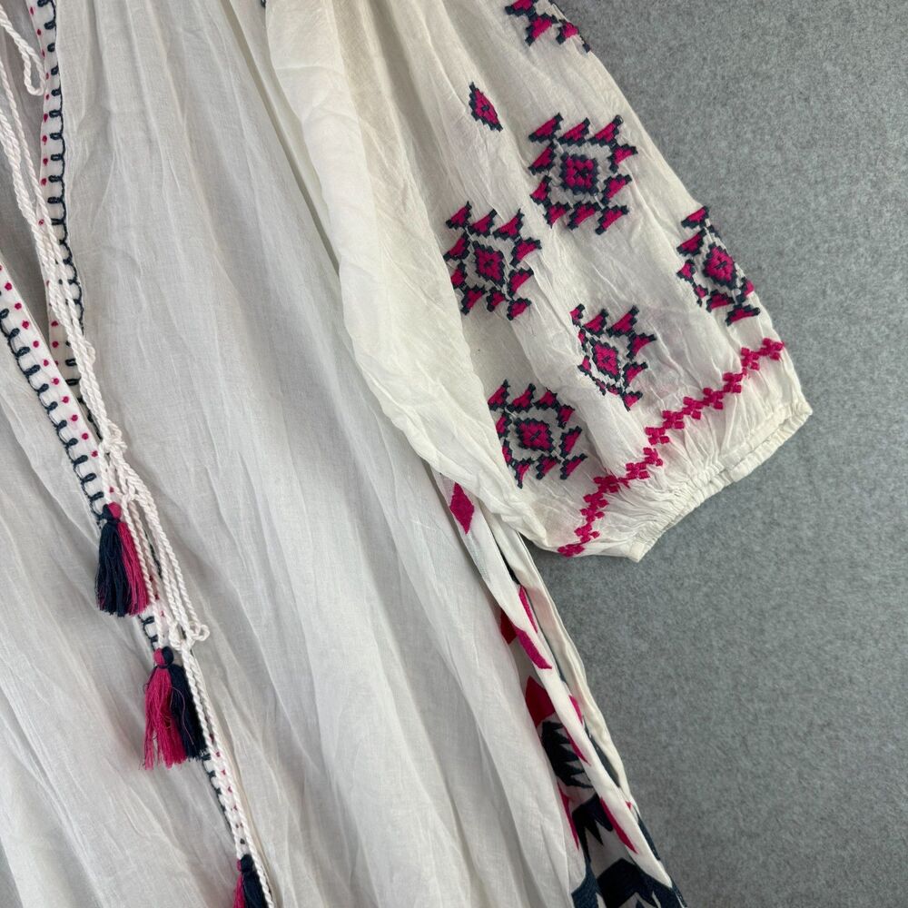 Raj Ivory/Pink Embroidery Geometric Artisanal Maxi Long Sleeve Boho Dress Size L - Picture 7 of 10